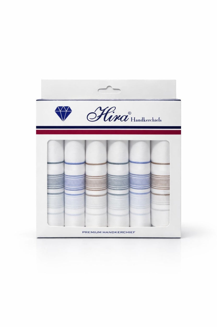 Hira Classic Colour Border Premium White Cotton Handkerchief Collection | Pack of 6