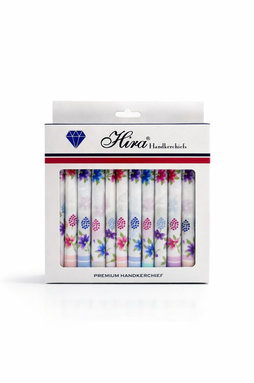 Hira Bloom Prestige Luxury Floral Cotton Handkerchief Collection | Pack of 12