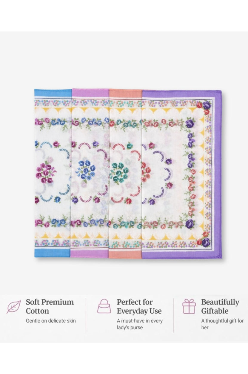 Hira Royale Blossom Premium Cotton Handkerchief Collection | Pack of 12
