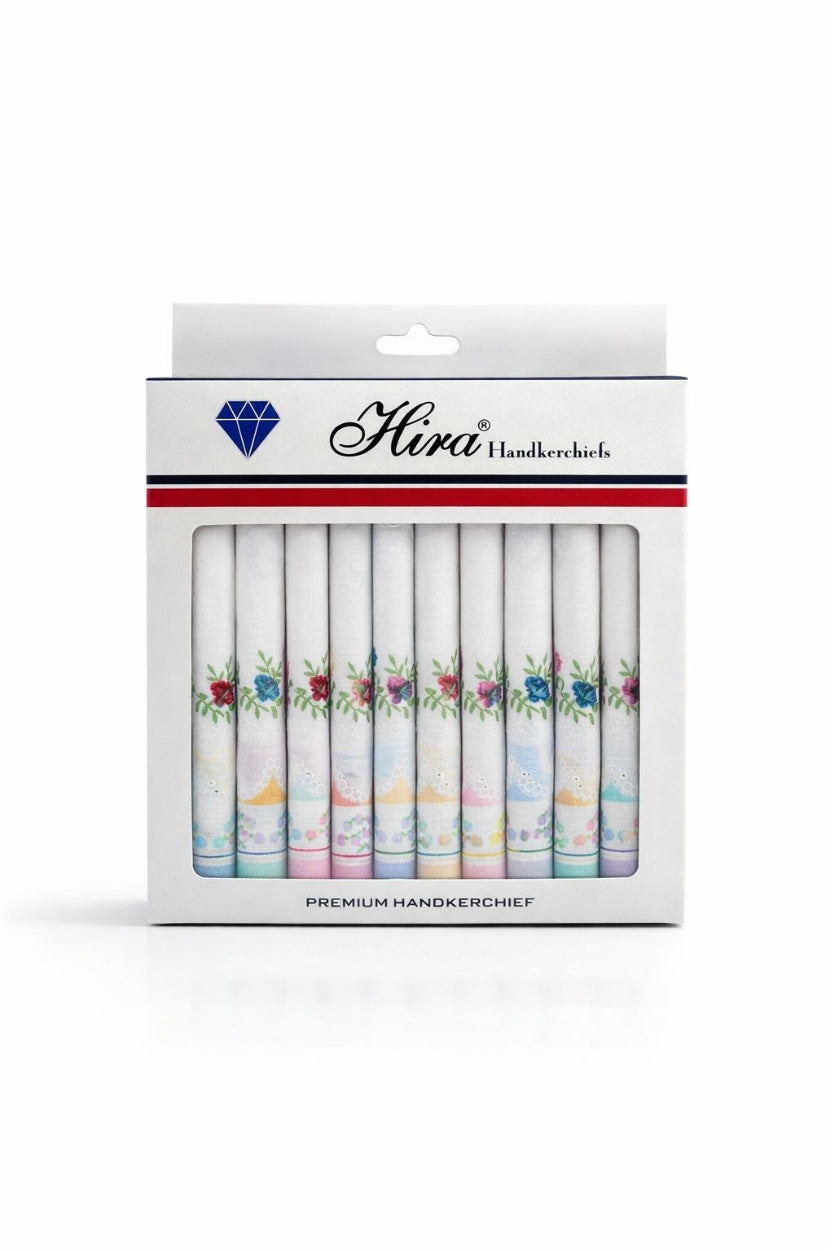Hira Royale Blossom Premium Cotton Handkerchief Collection | Pack of 12