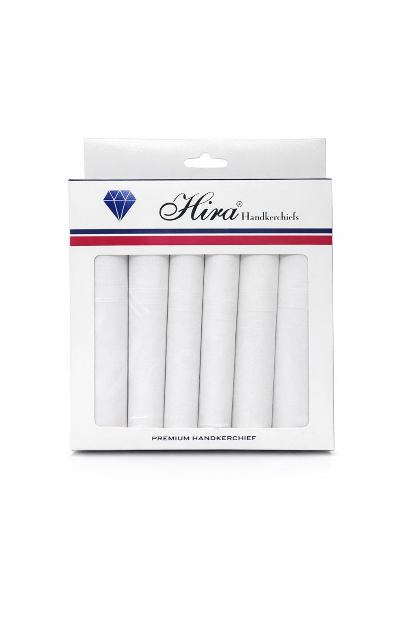 Hira Pure Elegance Luxury White Cotton Handkerchief Collection | Pack of 6